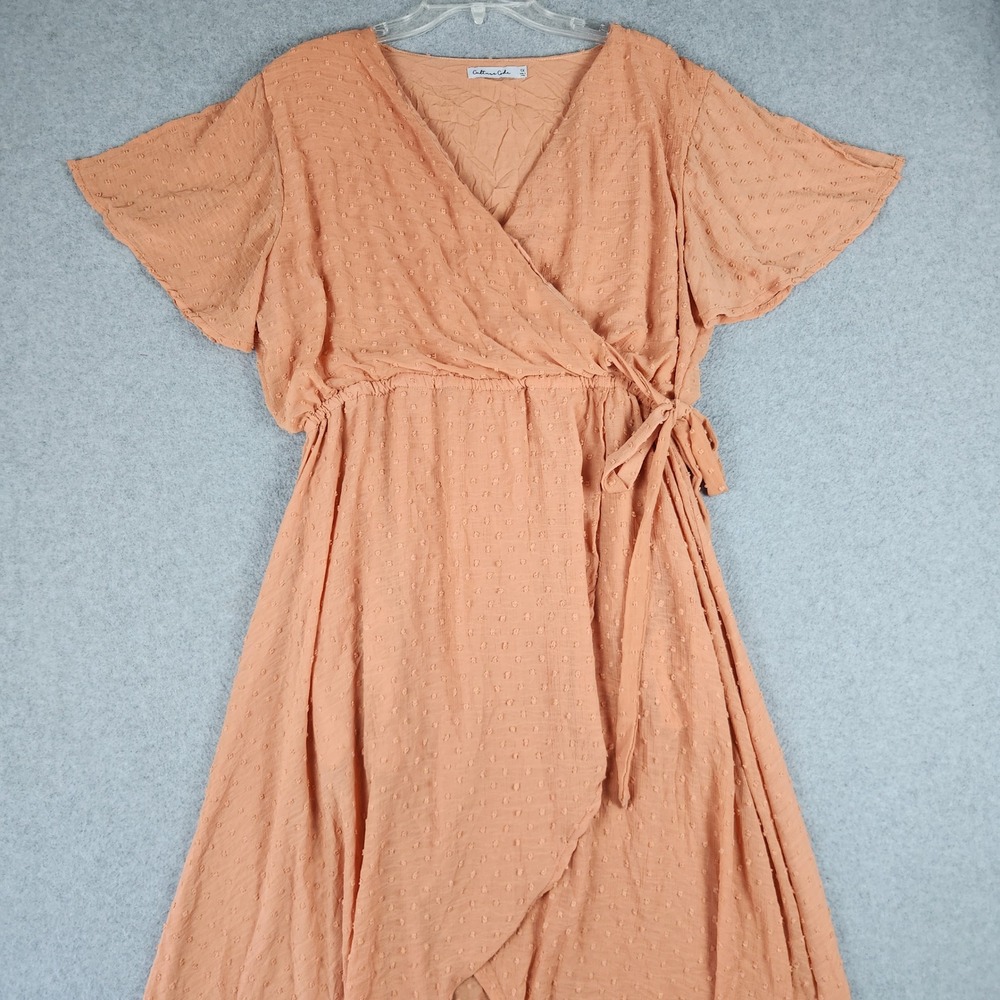 Culture Code Wrap Dress Womens 1X Peach Swiss Dot Flutter Sleeve High-Low Hem